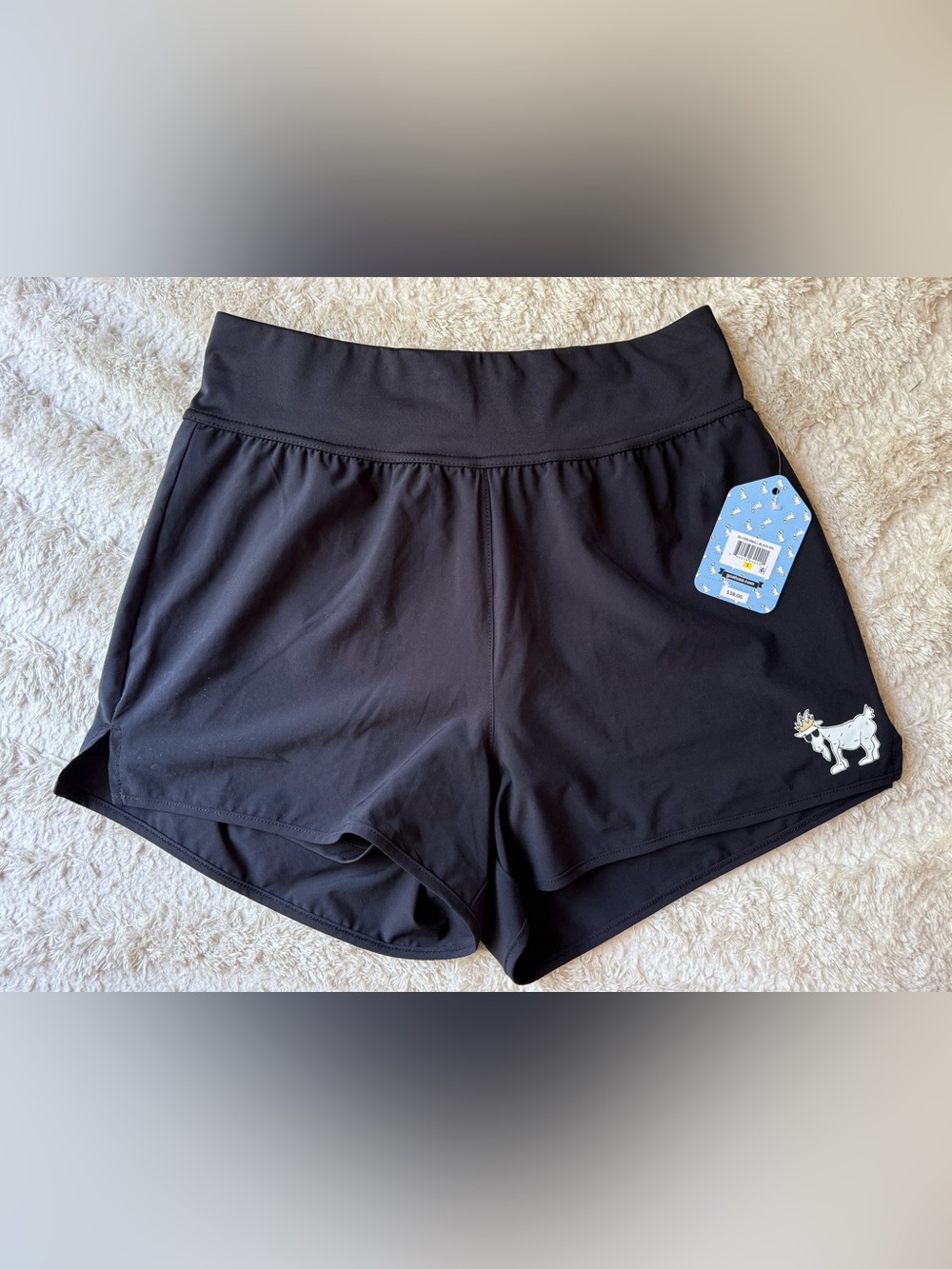 Women's Black High-Waist Athletic Shorts with Embroidered Goat Detail